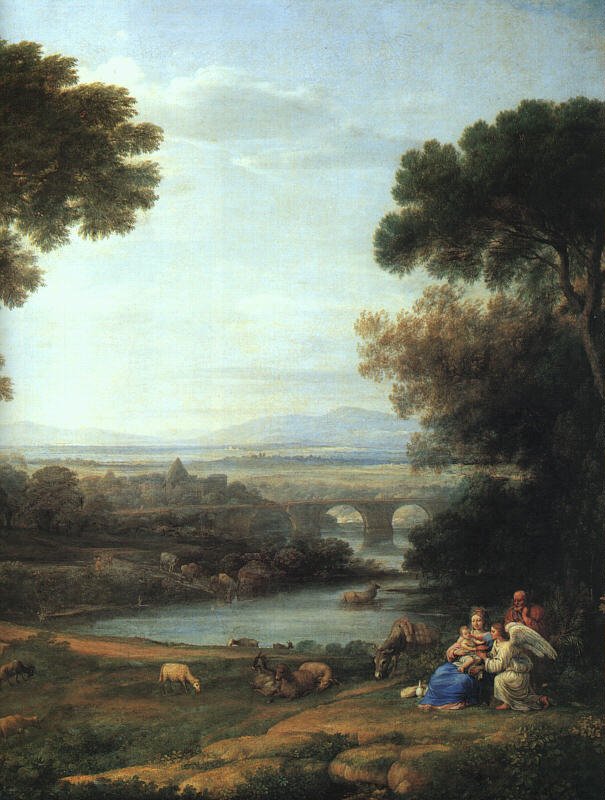 Hand-painted pastoral river with bridge and figures landscape oil painting on canvas