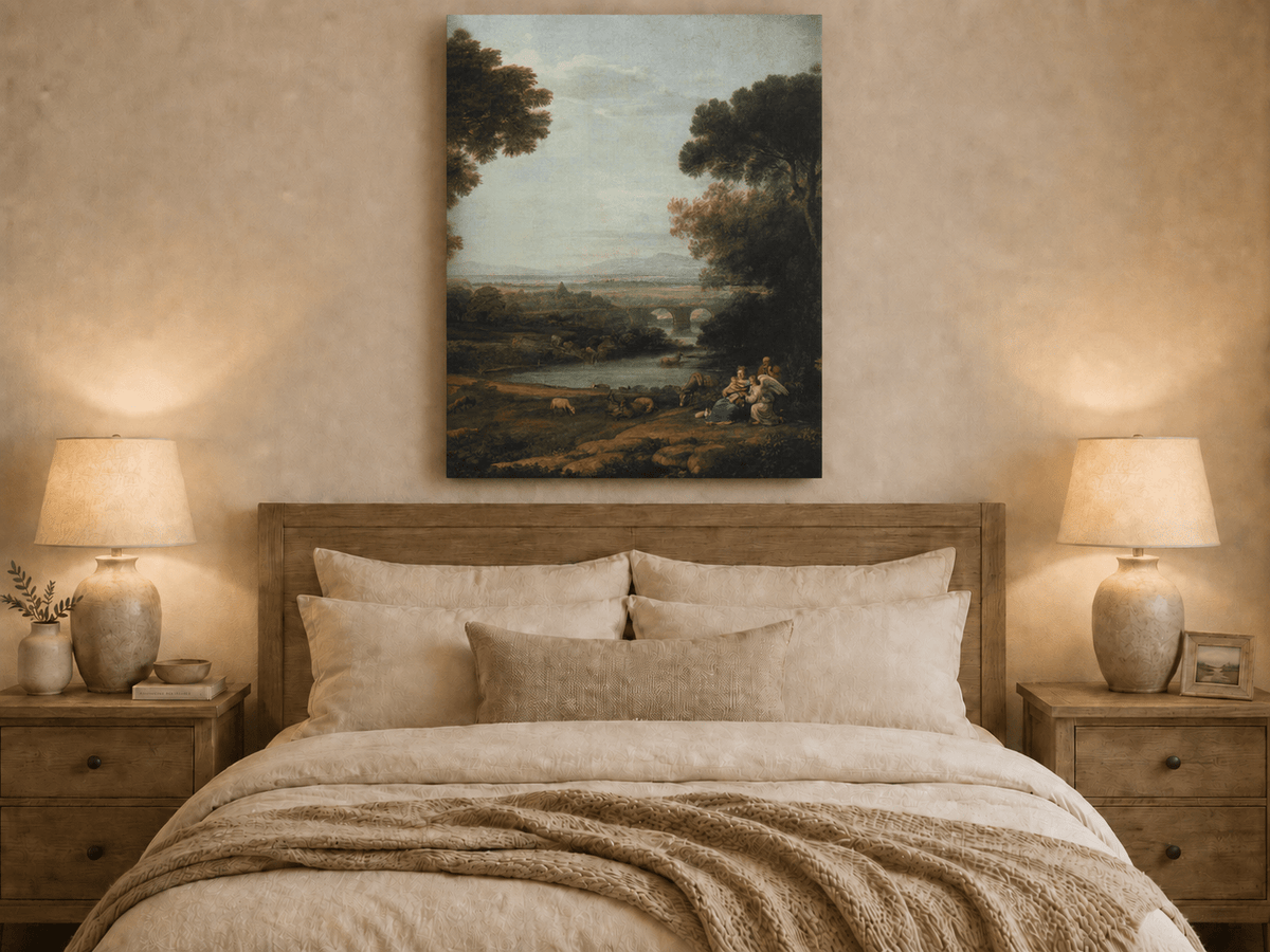 Landscape Oil Painting - Pastoral River with Bridge and Figures