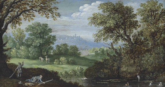 Hand-painted pastoral river with deer and castle landscape oil painting on canvas