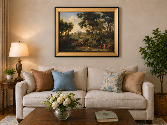 Hand-painted Pastoral River with Village and Figures landscape oil painting displayed as wall art in a styled interior