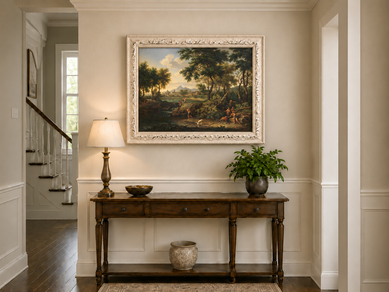 Hand-painted Pastoral River with Village and Figures landscape oil painting displayed as wall art in a styled interior