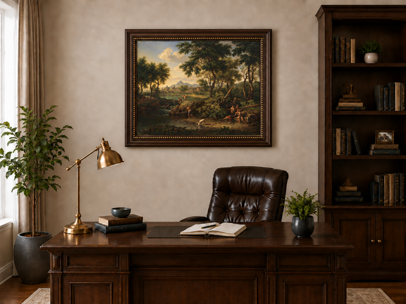 Hand-painted Pastoral River with Village and Figures landscape oil painting displayed as wall art in a styled interior