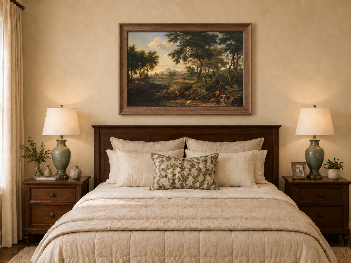 Hand-painted Pastoral River with Village and Figures landscape oil painting displayed as wall art in a styled interior
