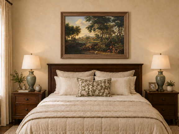 Hand-painted Pastoral River with Village and Figures landscape oil painting displayed as wall art in a styled interior