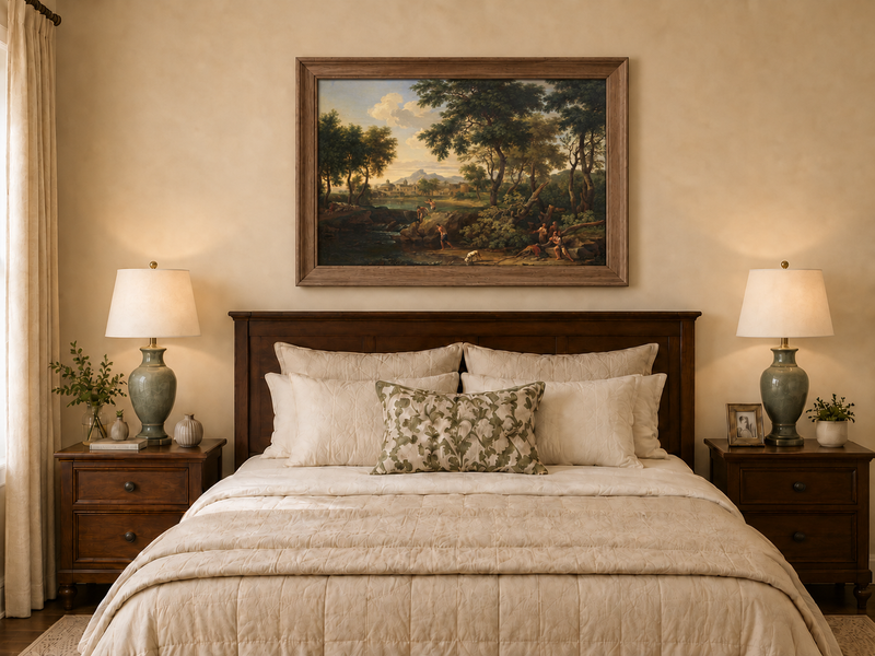 Hand-painted Pastoral River with Village and Figures landscape oil painting displayed as wall art in a styled interior