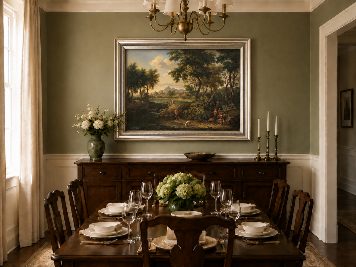 Hand-painted Pastoral River with Village and Figures landscape oil painting displayed as wall art in a styled interior