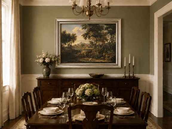 Hand-painted Pastoral River with Village and Figures landscape oil painting displayed as wall art in a styled interior