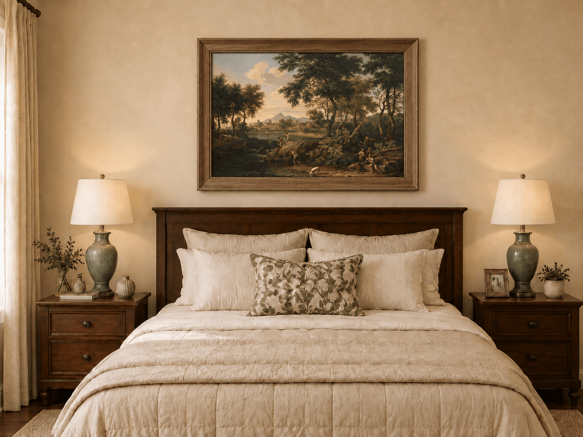 Hand-painted Pastoral River with Village and Figures landscape oil painting displayed as wall art in a styled interior