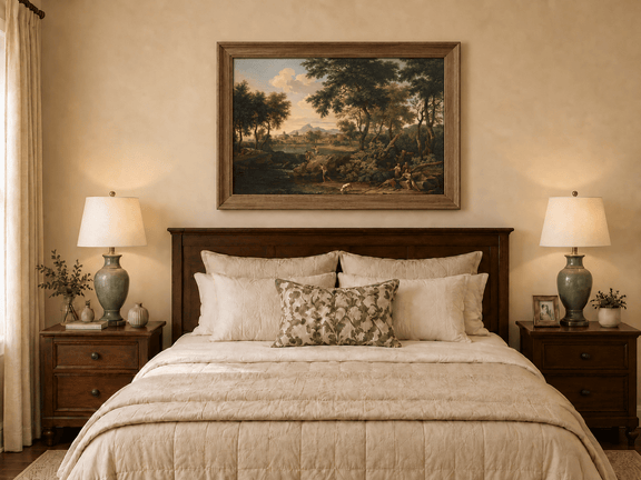 Hand-painted Pastoral River with Village and Figures landscape oil painting displayed as wall art in a styled interior