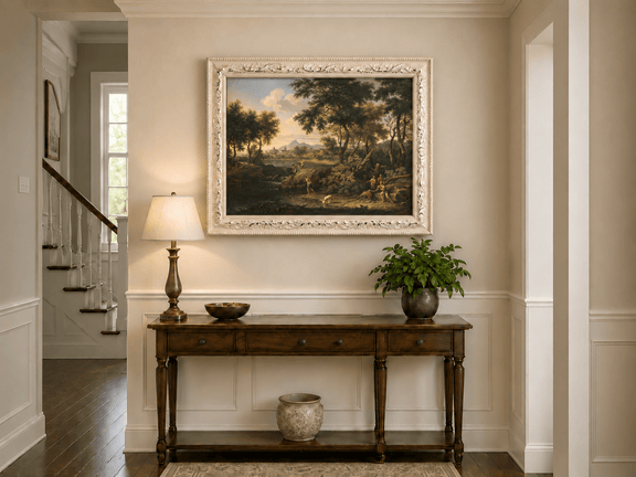 Hand-painted Pastoral River with Village and Figures landscape oil painting displayed as wall art in a styled interior