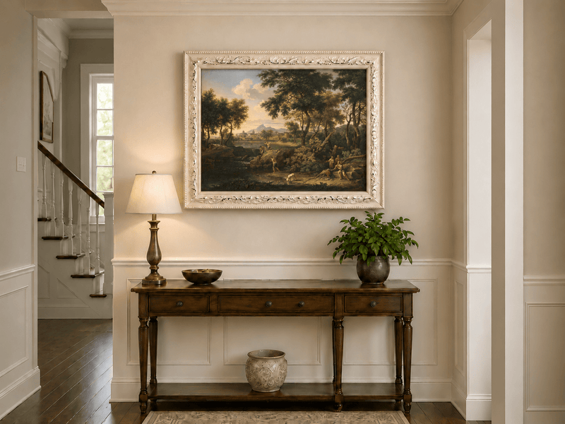 Hand-painted Pastoral River with Village and Figures landscape oil painting displayed as wall art in a styled interior
