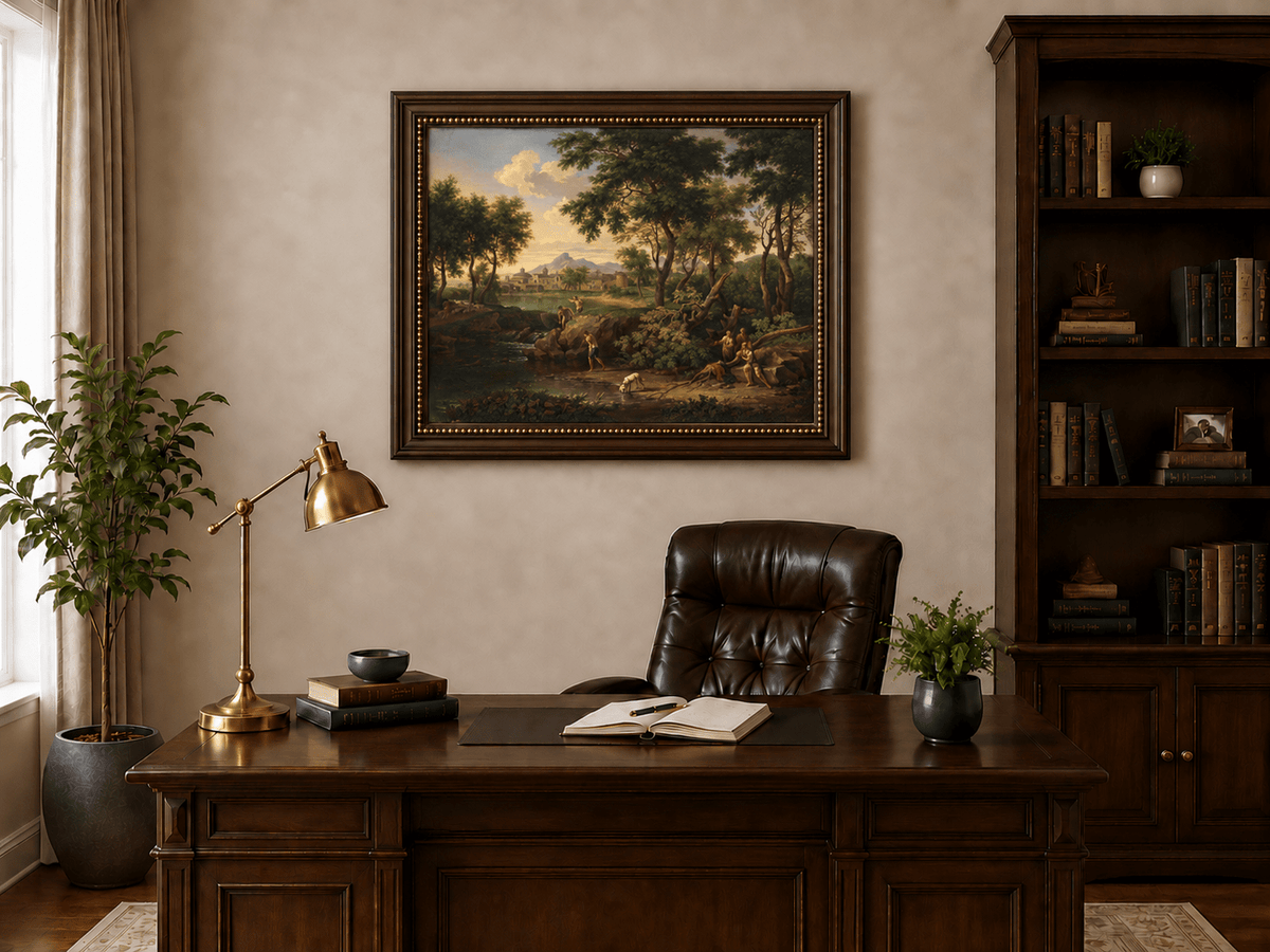 Hand-painted Pastoral River with Village and Figures landscape oil painting displayed as wall art in a styled interior