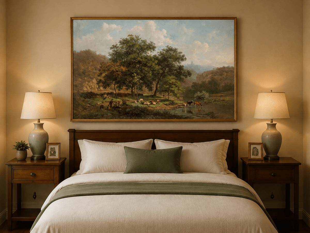 Landscape Oil Painting - Pastoral Riverbank with Cattle Scene