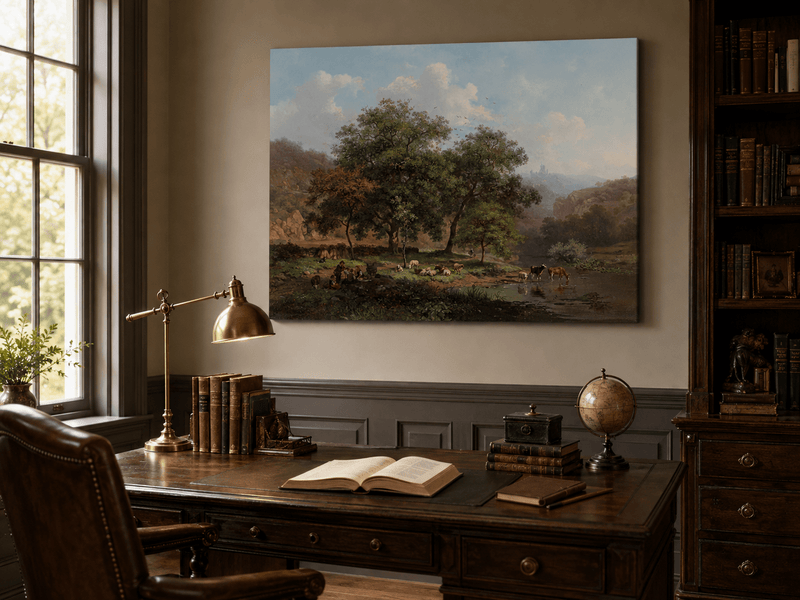 Landscape Oil Painting - Pastoral Riverbank with Cattle Scene