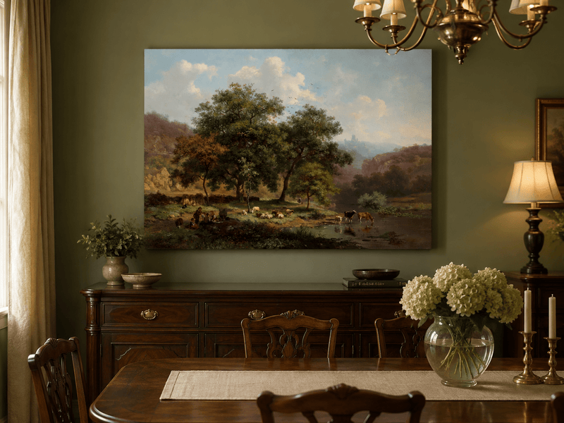 Landscape Oil Painting - Pastoral Riverbank with Cattle Scene