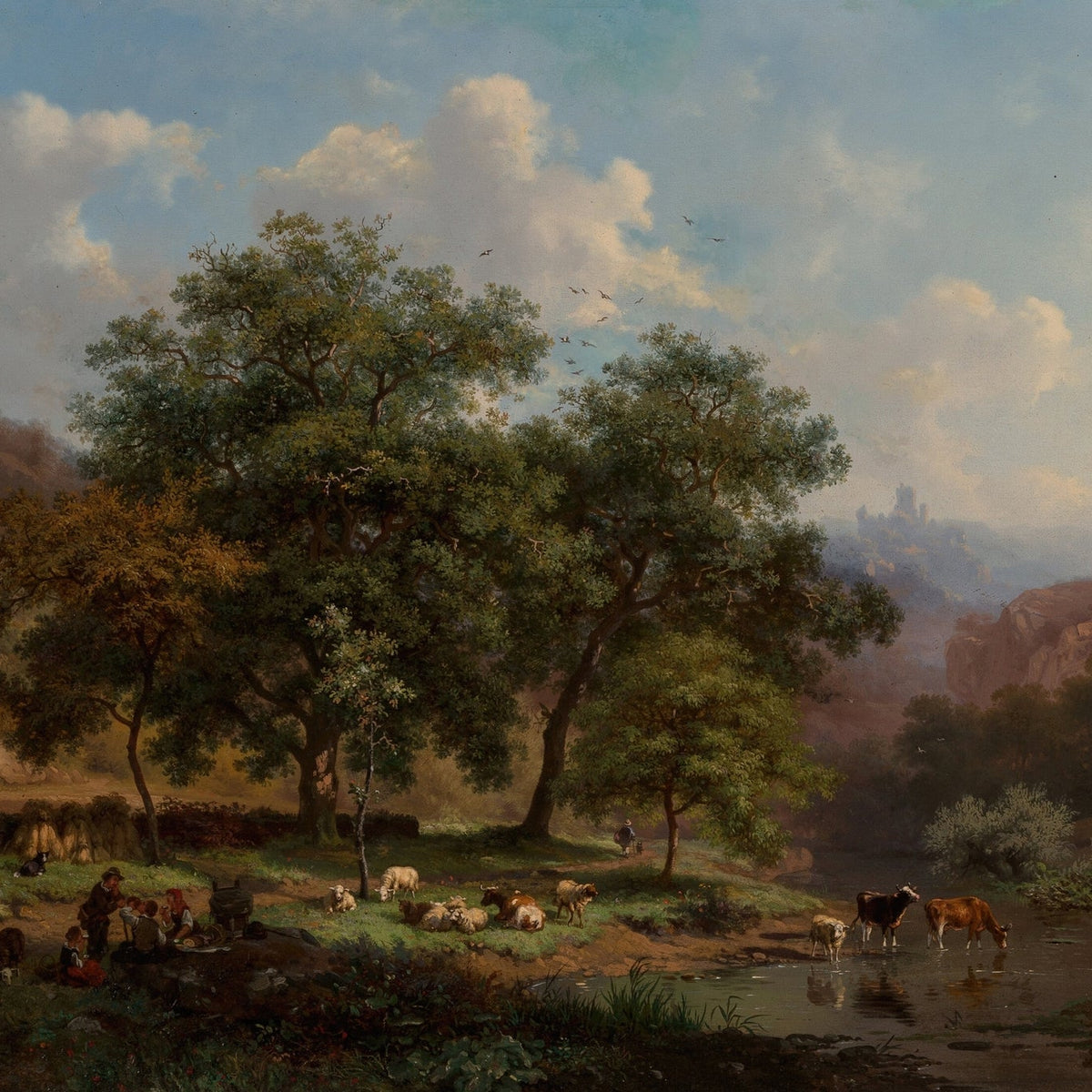 Hand-painted pastoral riverbank with cattle scene landscape oil painting on canvas