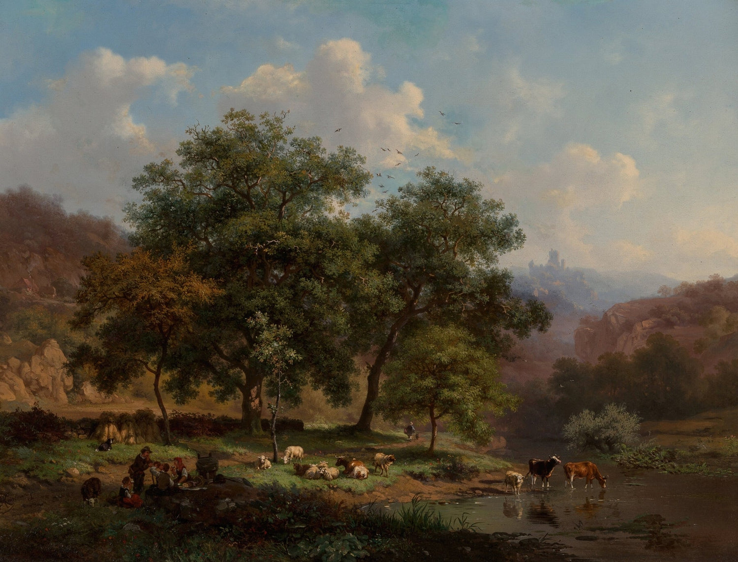 Landscape Oil Painting - Pastoral Riverbank with Cattle Scene - Oil Painting Haven