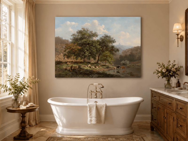 Landscape Oil Painting - Pastoral Riverbank with Cattle Scene