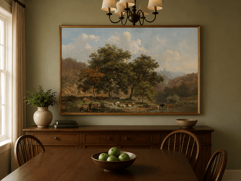 Landscape Oil Painting - Pastoral Riverbank with Cattle Scene