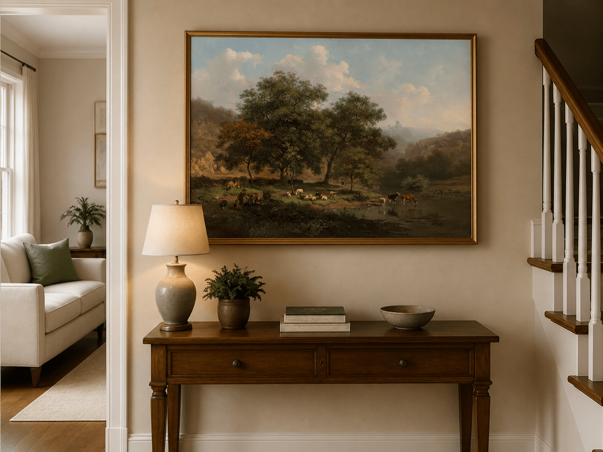 Landscape Oil Painting - Pastoral Riverbank with Cattle Scene