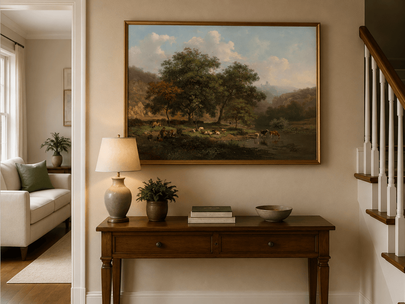 Landscape Oil Painting - Pastoral Riverbank with Cattle Scene