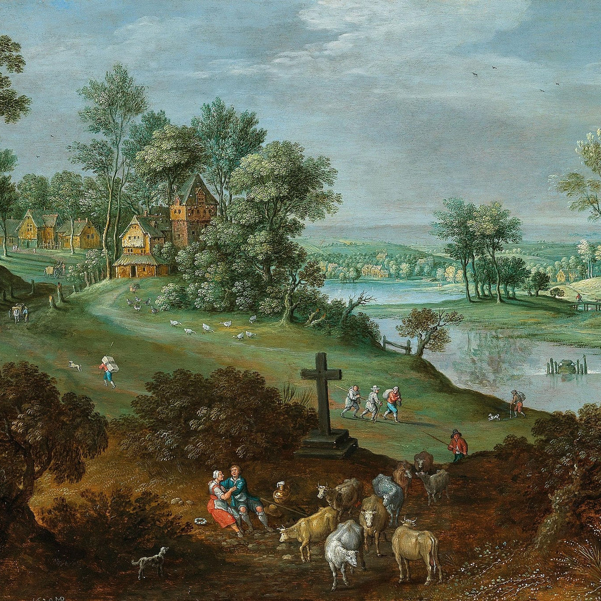 Hand-painted pastoral riverside village with sheep landscape oil painting on canvas