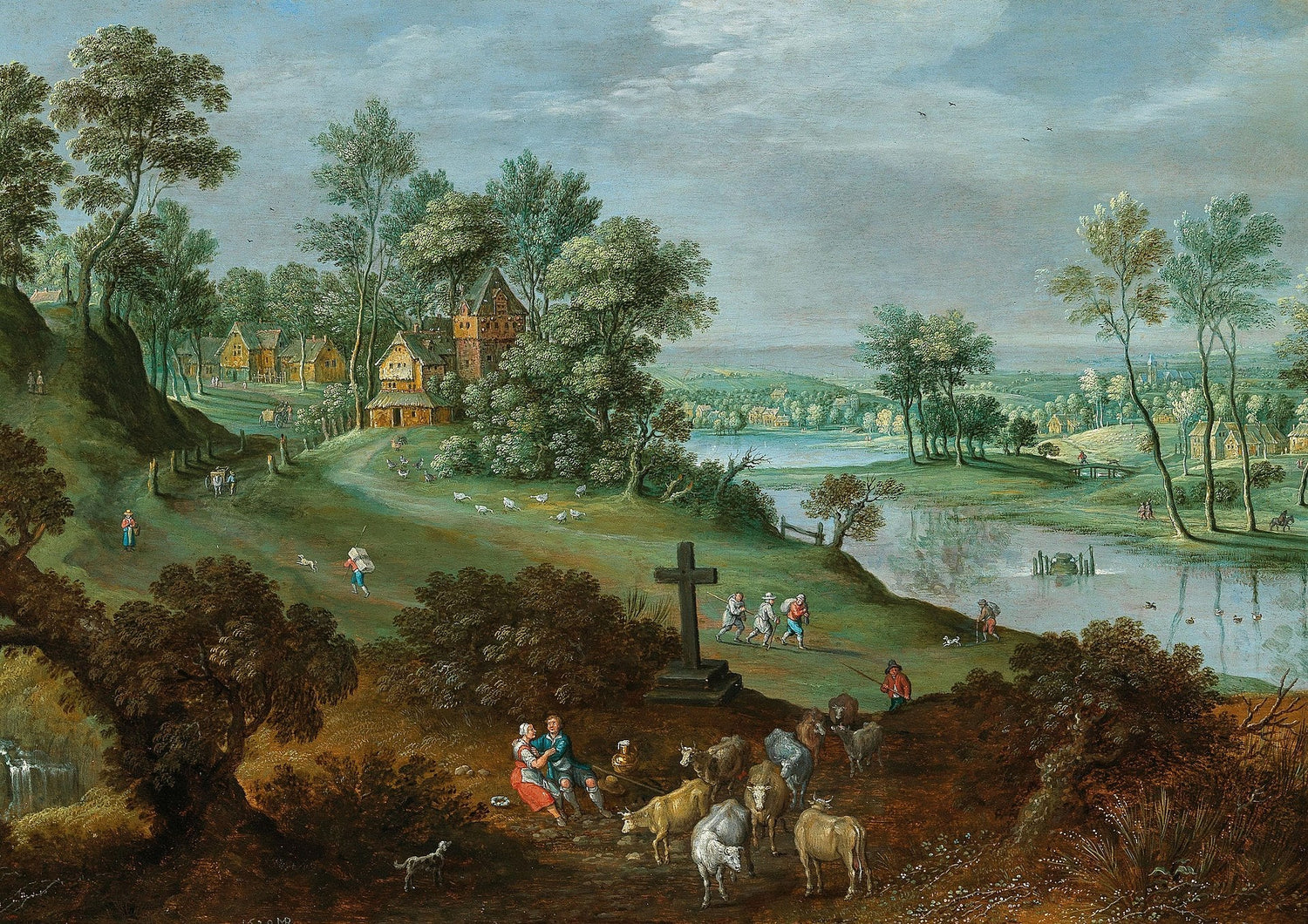 Hand-painted pastoral riverside village with sheep landscape oil painting on canvas