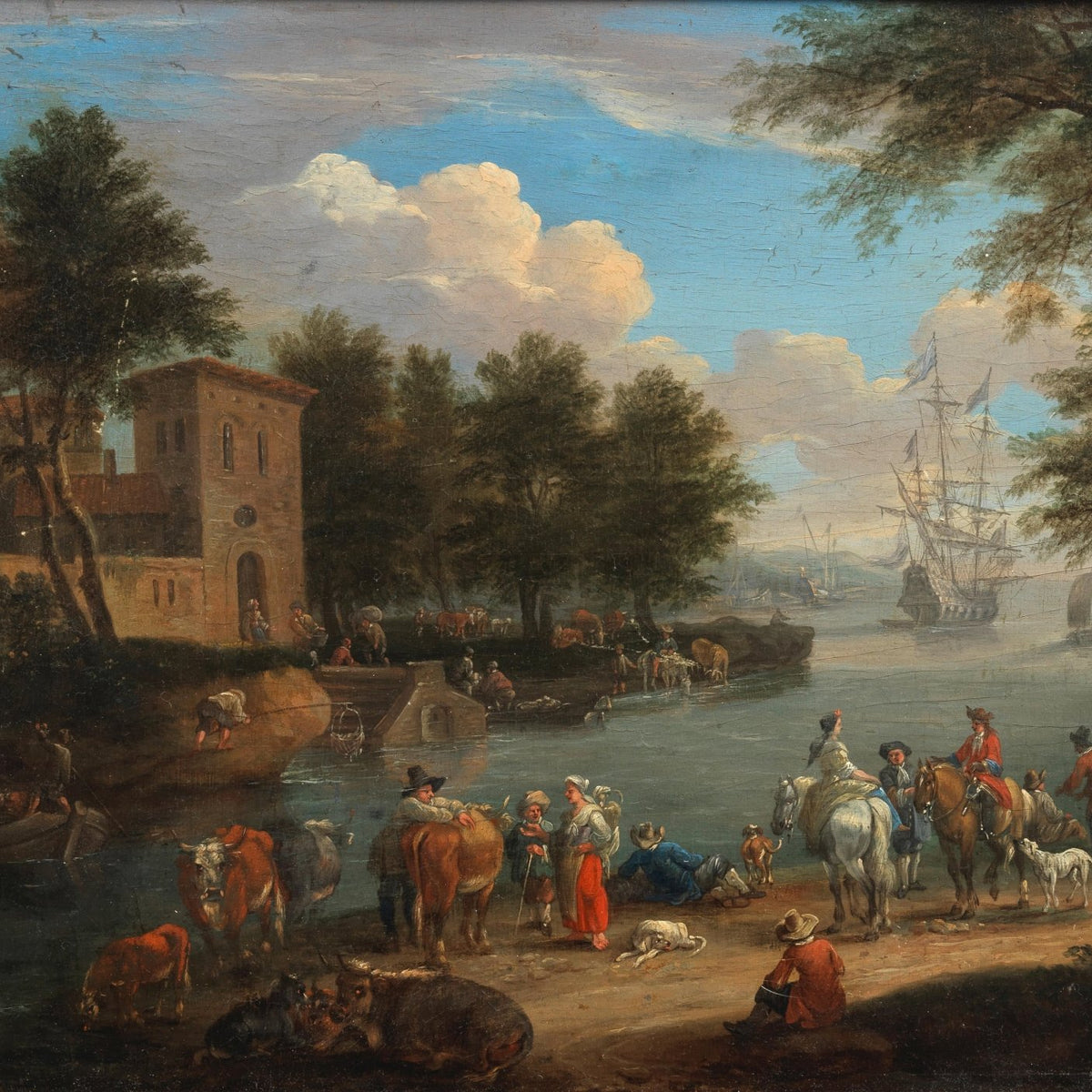 Hand-painted pastoral riverside with figures and boats landscape oil painting on canvas