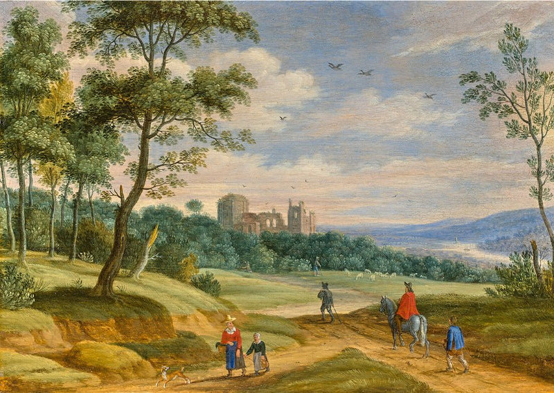 Hand-painted pastoral road, riders and distant castle landscape oil painting on canvas
