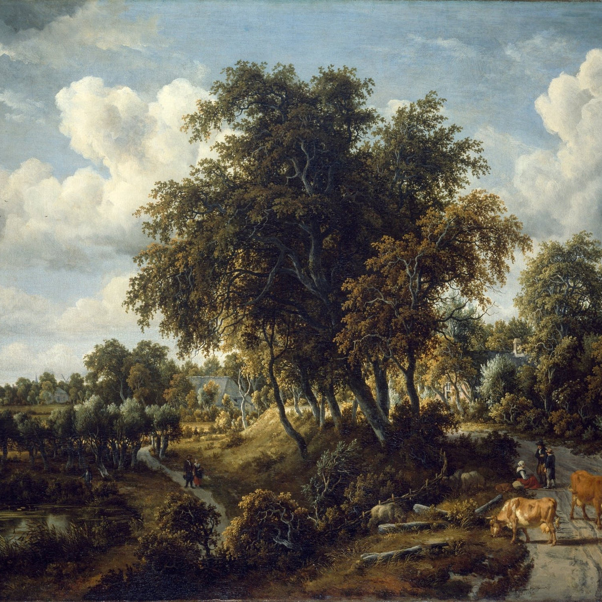 Hand-painted pastoral road with cattle and oak trees landscape oil painting on canvas