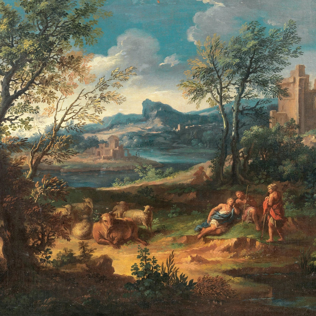 Hand-painted pastoral ruins and resting shepherds landscape oil painting on canvas
