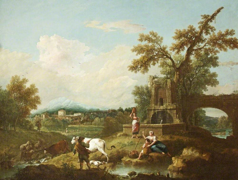 Hand-painted pastoral ruins, cattle and mountain view landscape oil painting on canvas