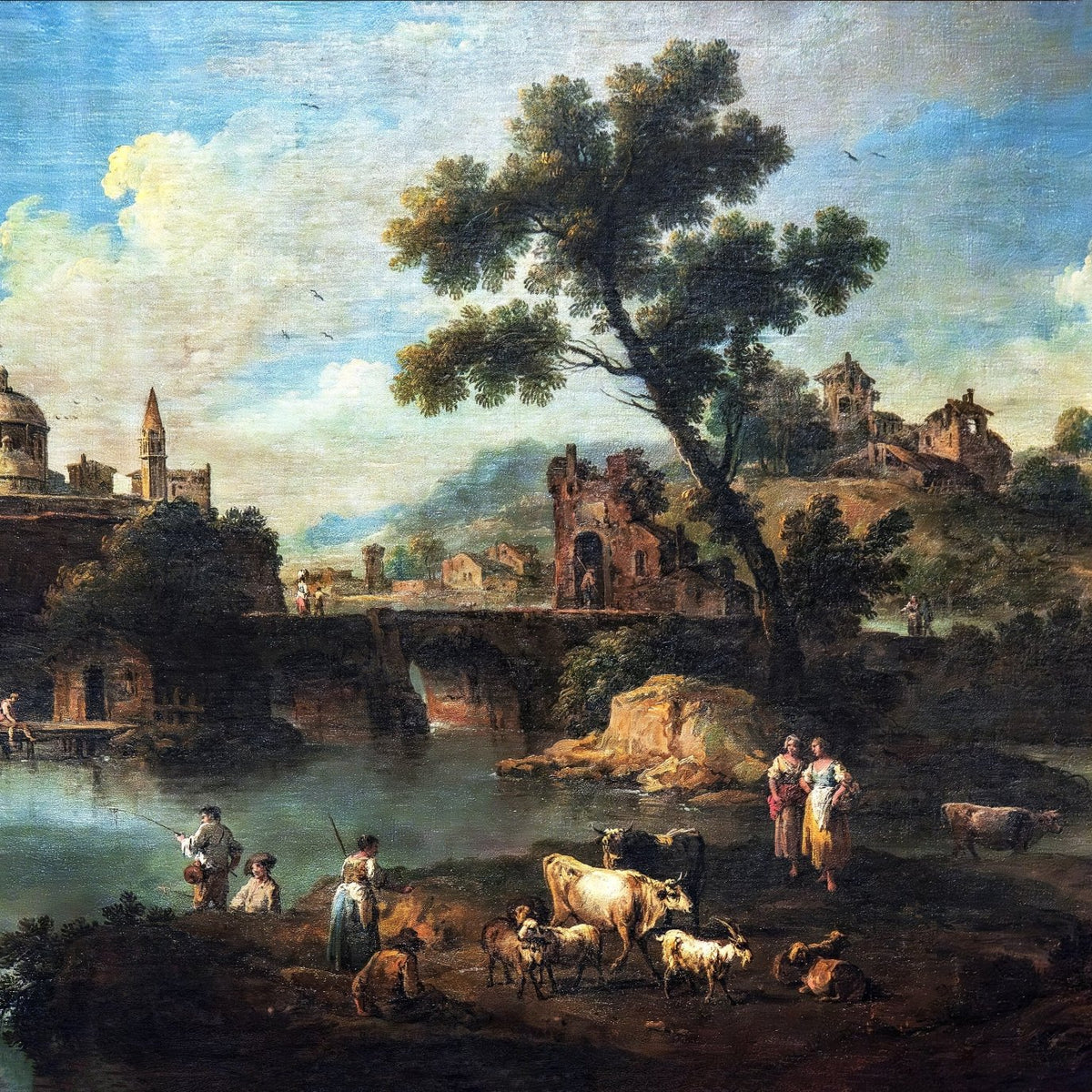 Hand-painted pastoral ruins river scene with cattle landscape oil painting on canvas