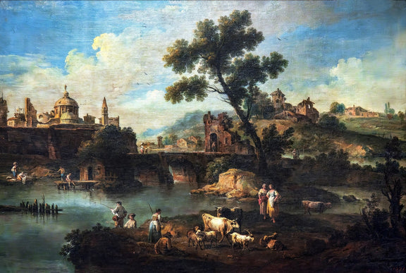 Hand-painted pastoral ruins river scene with cattle landscape oil painting on canvas
