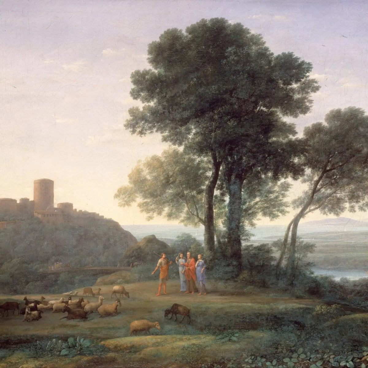 Landscape Oil Painting - Pastoral Scene with Castle, Figures & Livestock - Oil Painting Haven