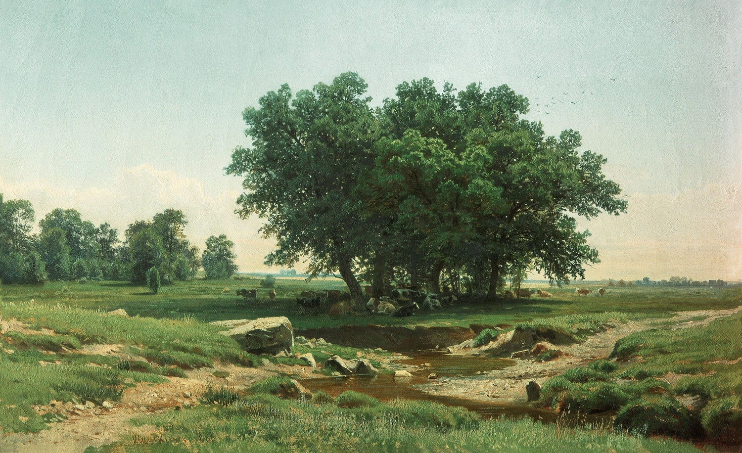 Landscape Oil Painting - Pastoral Scene with Trees and Stream Wall Art - Oil Painting Haven