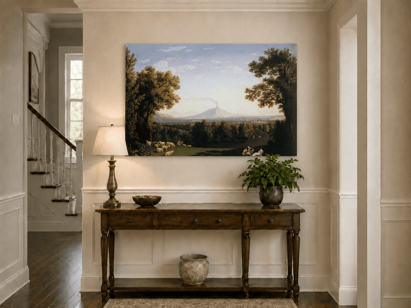 Landscape Oil Painting - Pastoral Sheep & Distant Volcano