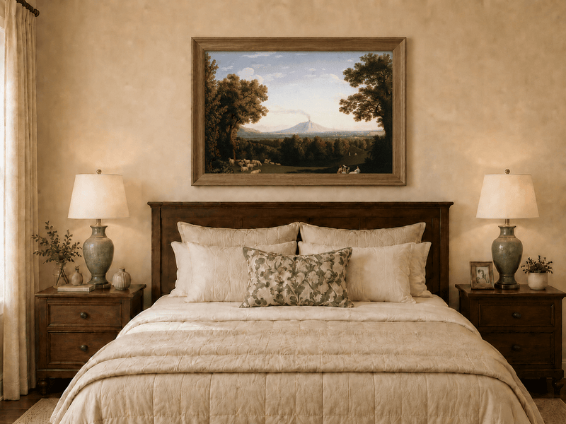 Landscape Oil Painting - Pastoral Sheep & Distant Volcano