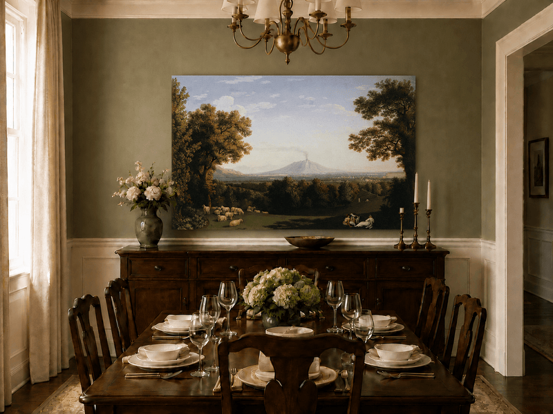 Landscape Oil Painting - Pastoral Sheep & Distant Volcano