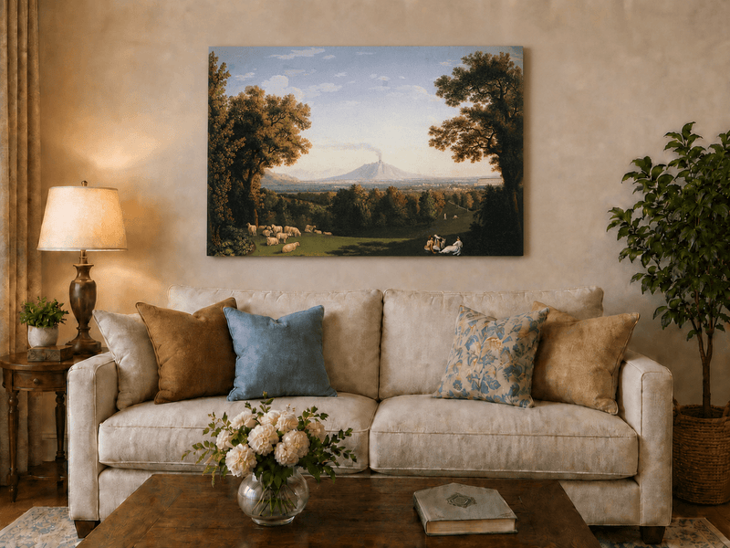 Landscape Oil Painting - Pastoral Sheep & Distant Volcano