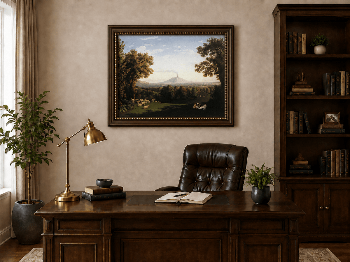 Landscape Oil Painting - Pastoral Sheep & Distant Volcano