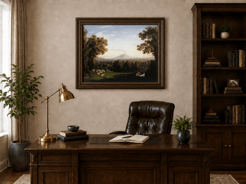 Landscape Oil Painting - Pastoral Sheep & Distant Volcano