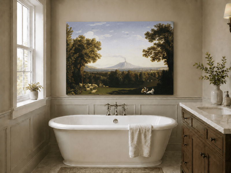 Landscape Oil Painting - Pastoral Sheep & Distant Volcano