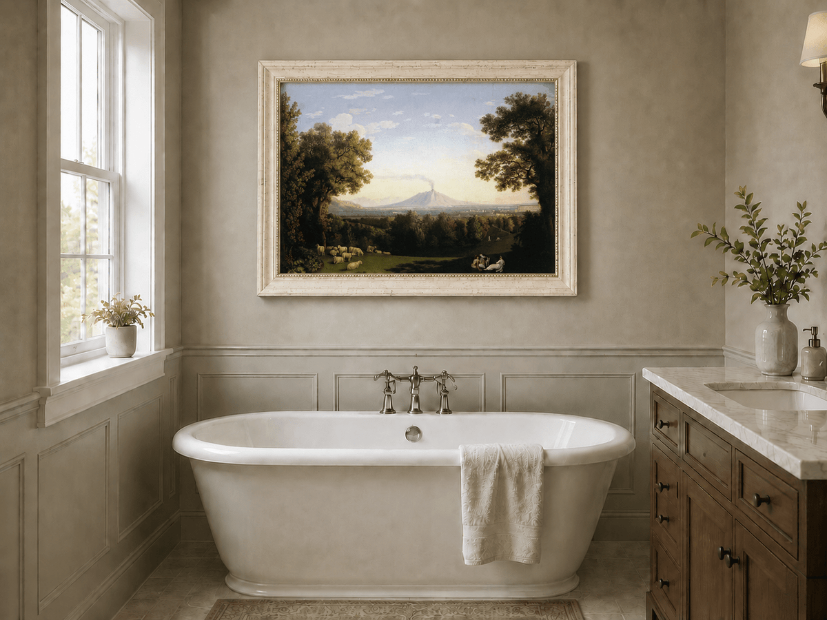Landscape Oil Painting - Pastoral Sheep & Distant Volcano