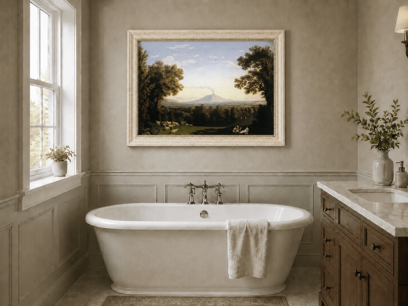 Landscape Oil Painting - Pastoral Sheep & Distant Volcano