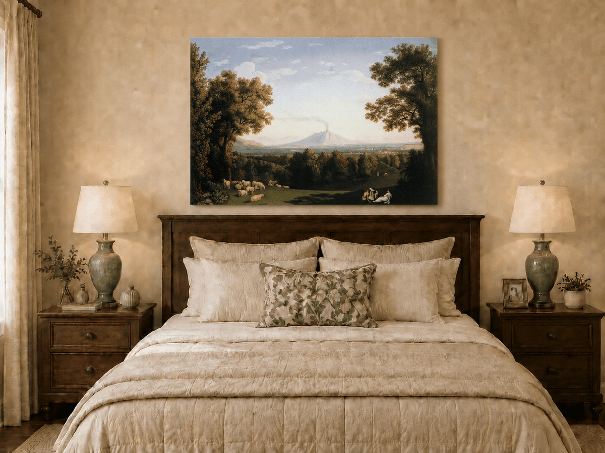 Landscape Oil Painting - Pastoral Sheep & Distant Volcano