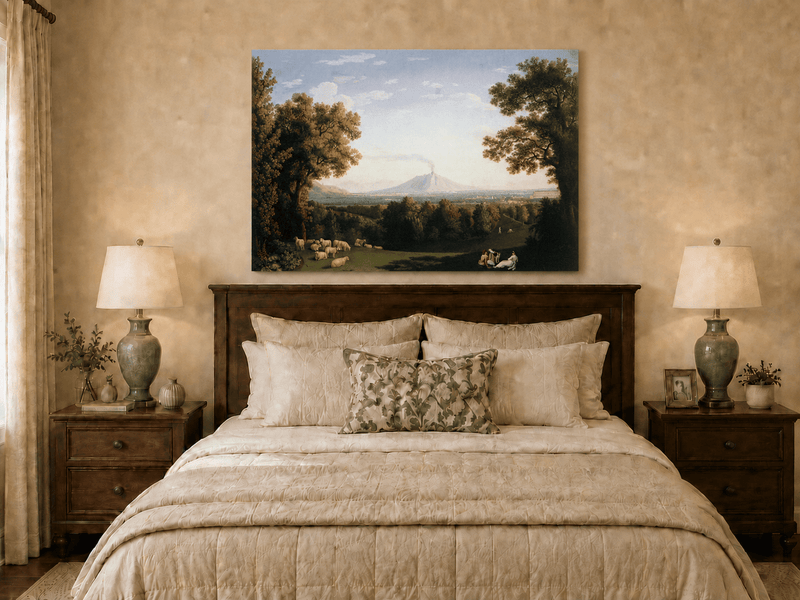 Landscape Oil Painting - Pastoral Sheep & Distant Volcano