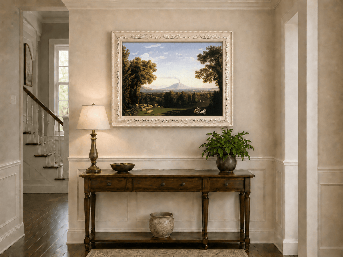 Landscape Oil Painting - Pastoral Sheep & Distant Volcano
