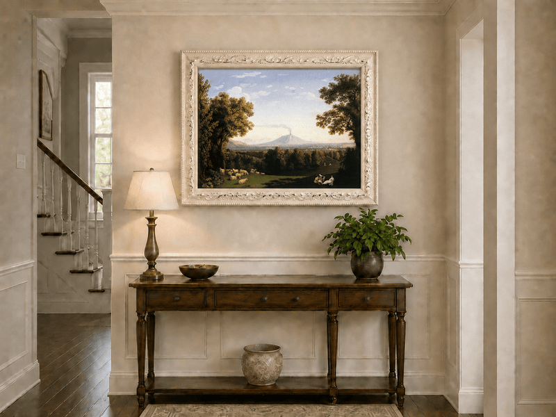 Landscape Oil Painting - Pastoral Sheep & Distant Volcano