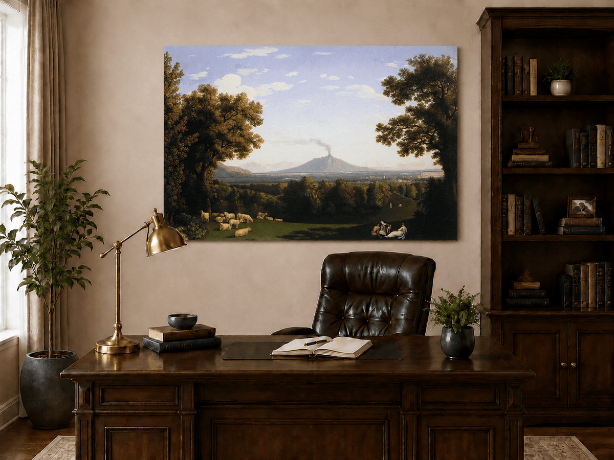 Landscape Oil Painting - Pastoral Sheep & Distant Volcano
